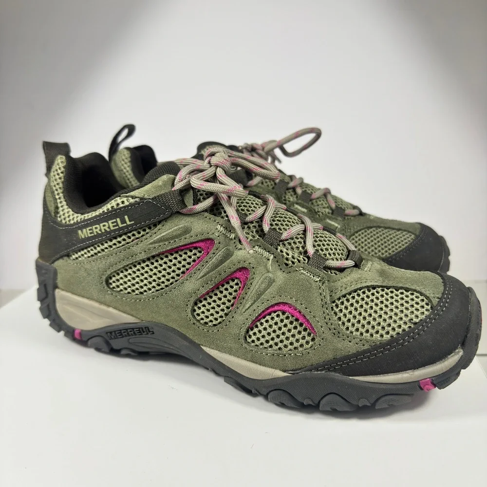Merrell Alverstone Hiking Shoes Womens 9.5 Olive Green Pink Suede Mesh J135202